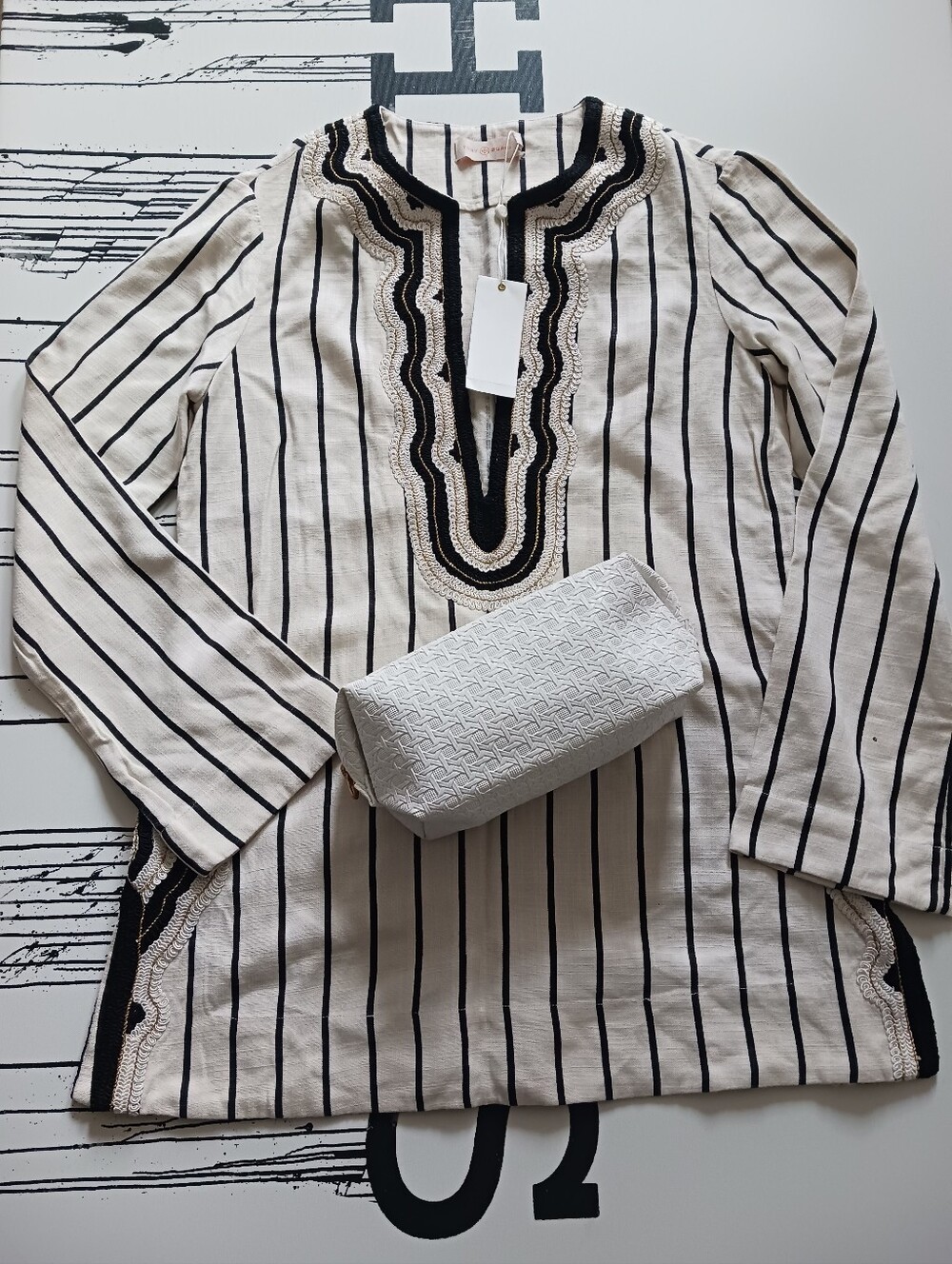NWT Tory Burch Filipa Cream & Black Striped Long-Sleeve Tunic Top Size 2+ TB Bag
